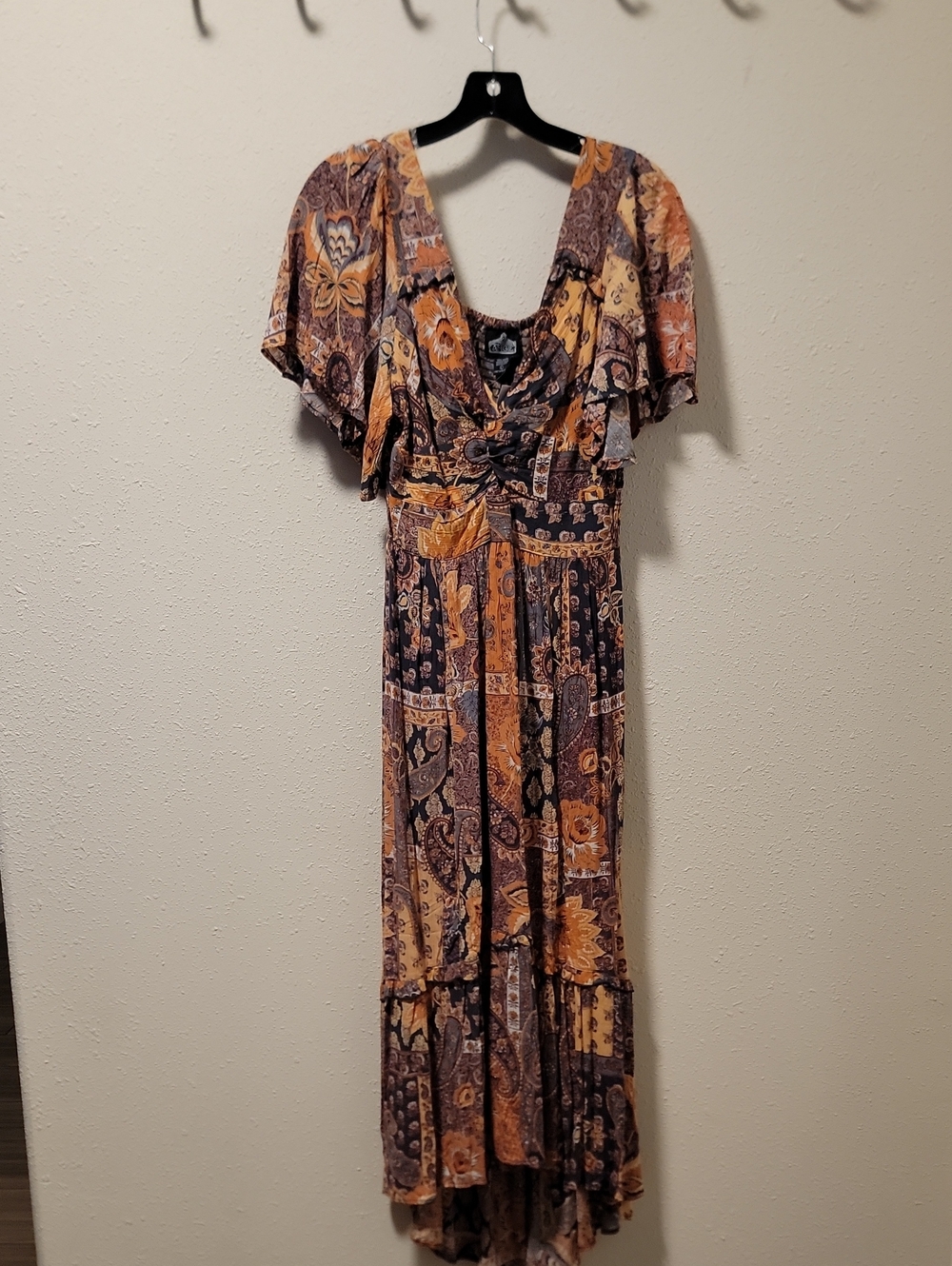 Angie Patchwork Paisley Maxi Dress in Rust and Navy Sz L 100% RAYON